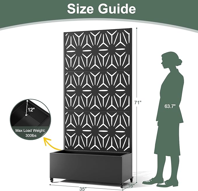 Metal Standing Planter Box with Trellis & Wheels, Raised Bed with Privacy Screen for Garden, 35"L Outdoor Garden Boxes with Drainage Holes for Climbing Plants, Flowers, Vines (Black Star)