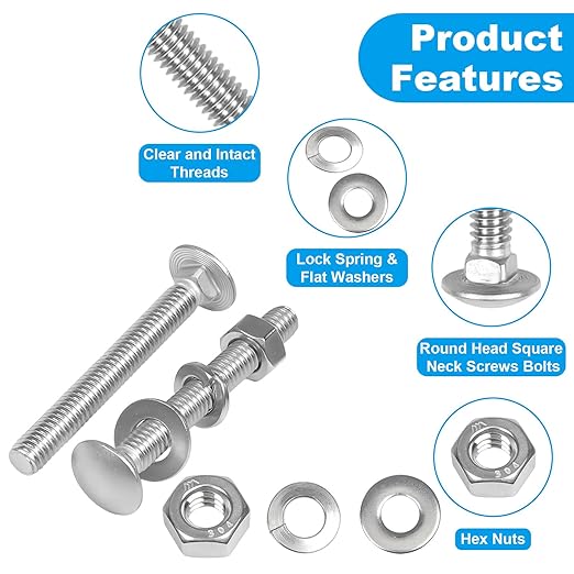 Yinpecly 10 Sets 5/16-18 x 2-1/2" Carriage Bolts Screws, 304 Stainless Steel Round Head Square Neck Carriage Bolts and Nuts Kit, with Flat & Lock Washers, Full Thread Coverage