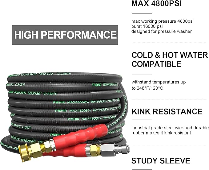 POHIR 3/8 Inch Pressure Washer Hose 25 FT with Adapter Set, 4800PSI Hot and Cold Water Max 248°F, High Tensile Wire Heavy Duty Commercial Grade Hose, 2pcs M22 14mm to 3/8 Quick Connect Accessories