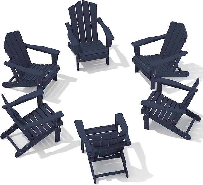 KINGYES Folding Adirondack Chair Set of 6, HDPE All-Weather Adirondack Chair, Navy Blue