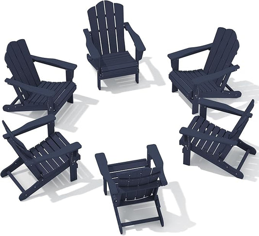 KINGYES Folding Adirondack Chair Set of 6, HDPE All-Weather Adirondack Chair, Navy Blue