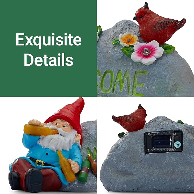 Funny Garden Gnomes Statue with Welcome, Solar Outdoor Gnomes Decorations for Yard, Patio, Lawn, Christmas Birthday Housewaming Gifts for Dad, Men, Husband, Grandpa, 11.8 Inch, Resin