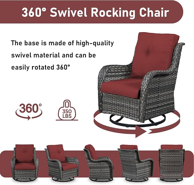 Wicker Patio Furniture-7 Pieces Rattan Patio Furniture Set Outdoor Patio Couch with Swivel Patio Chairs Ottomans and Coffee Table for Deck Poolside Backyard-Grey/Red