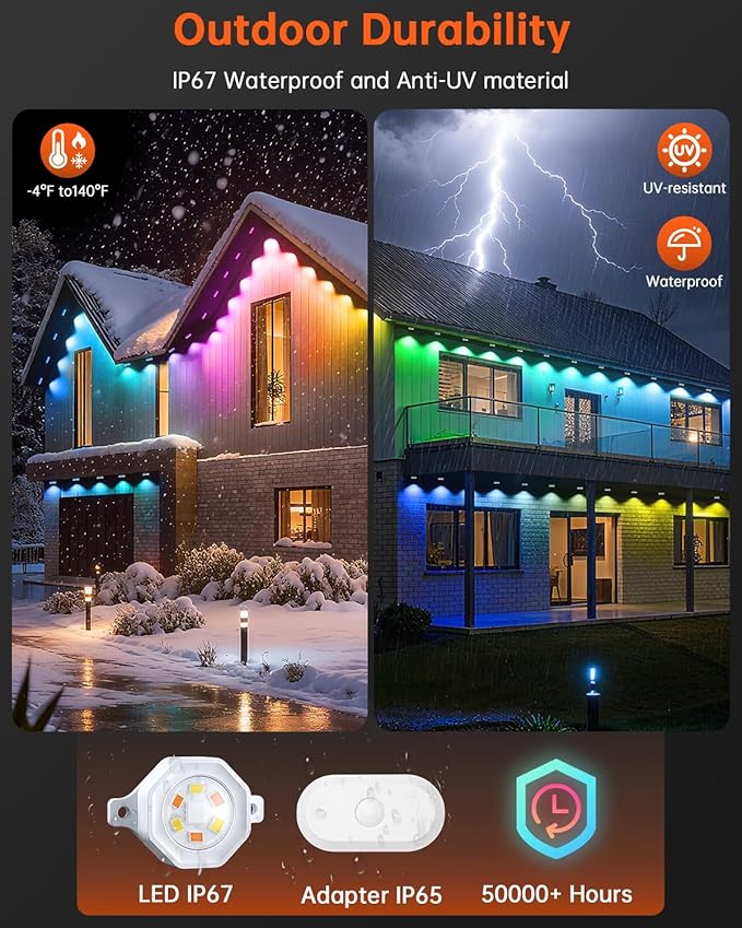 YAYZA! Permanent Outdoor Lights Pro,150ft 108 LED Smart RGB+IC+Warm/Cool White Christmas Eave Lights, 135lm, Music Sync & DIY Scenes, IP67 Waterproof for Outside Decor Works with Alexa,Google, Remote