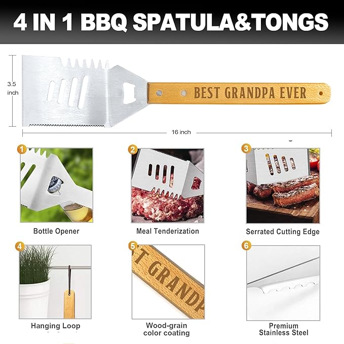 Grandpa Gifts from Grandkids, Grilling Gift Heavy Duty Wooden BBQ Grilling Accessories Kit, Thick Stainless Steel Grill Utensils with Non-Slip Handle Tools in Portable Bag on Christmas