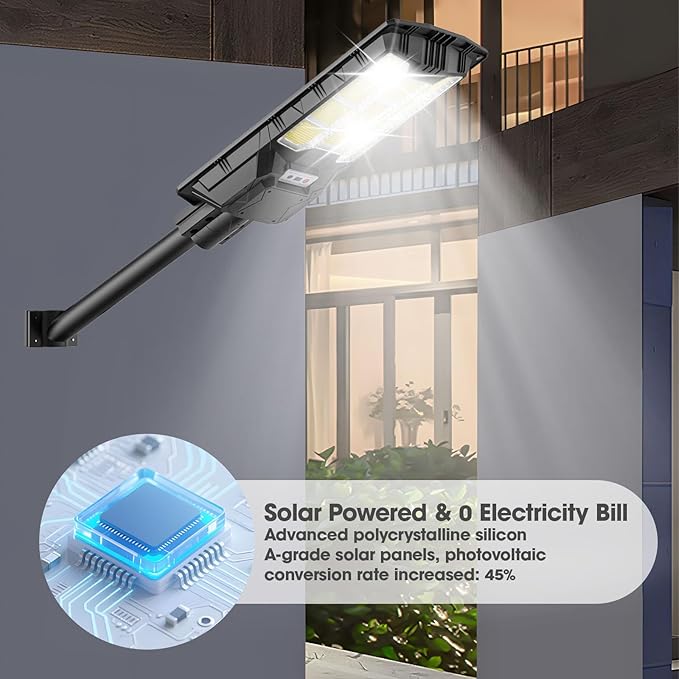 10000W Solar Street Light - 6500K Dusk to Dawn, IP65 Waterproof, Wide-Angle Motion Sensor + Remote Control for Courtyards/Parking Lots