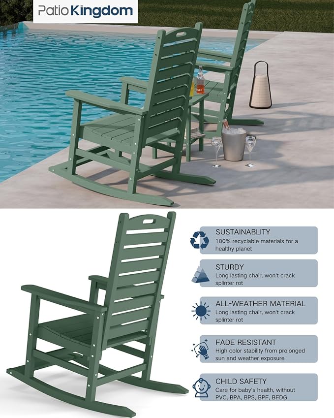 Outdoor Rocking Chairs Set of 2 with Footrest & Side Table, HDPE Modern Rocking Lawn Chair for Garden, Poolside, Deck (Green)
