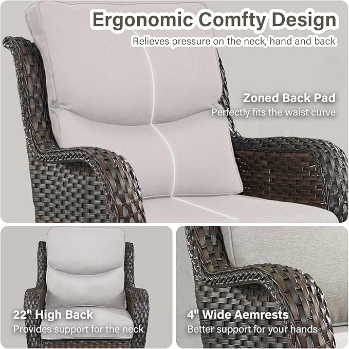 Swivel Patio Chairs Set of 2 with 5" Thick Cushion - Wicker Outdoor Swivel Rocker Patio Chairs, High Back Comfortable Outdoor Glider Chair for Balcony, Porch, Deck, Poolside - Brown/Beige