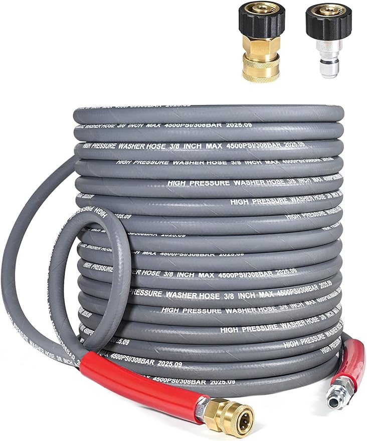 3/8″ Pressure Washer Hose 50 FT — 4500 PSI Steel-Braided Non-Marking Rubber | For Hot & Cold Water, Quick-Connect With M22 Fittings, Industrial-Grade Replacement for Gas Pressure Washers