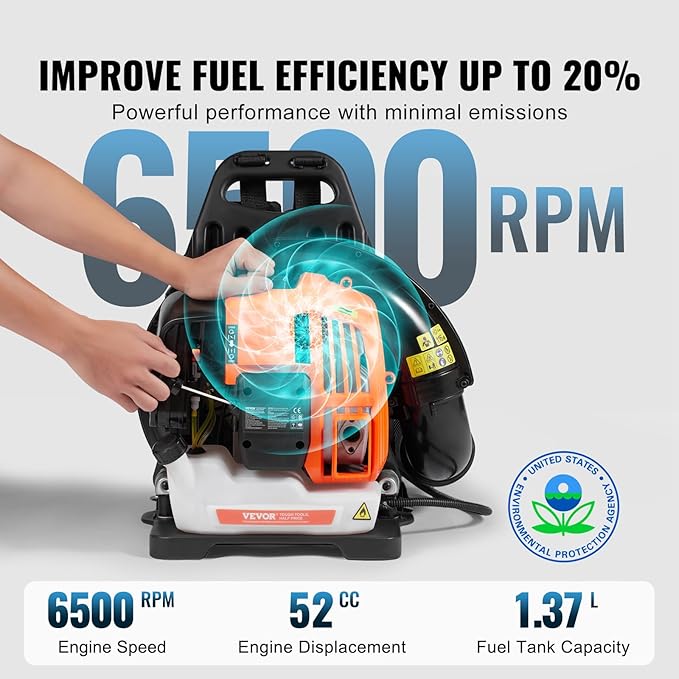 VEVOR Backpack Leaf Blower, 52CC 2-Cycle Leaf Blower with 1.37L Fuel Tank, 480CFM Air Volume 175MPH Speed, Ideal for Lawn Care, Leaf Cleaning, and Snow Removal