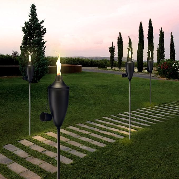 4 Pack Garden Torches for Outside, 22 oz Metal Citronella Torch with 3-Prong Grounded Stake, Perfect for Patio, Lawn, and Backyard Décor