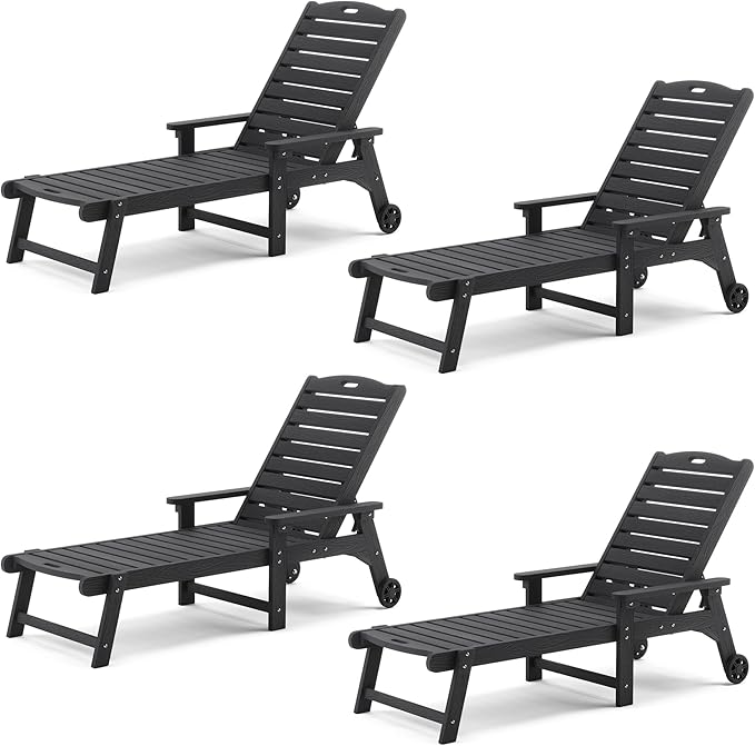 LUE BONA Outdoor Chaise Lounge Chairs Set of 4, HDPS Chaise Lounger, 5 Positions Adjustable Lounge Chairs, Pool Lounge Chair with Wheels for Poolside, 3 Year Warranty, Black