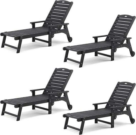 LUE BONA Outdoor Chaise Lounge Chairs Set of 4, HDPS Chaise Lounger, 5 Positions Adjustable Lounge Chairs, Pool Lounge Chair with Wheels for Poolside, 3 Year Warranty, Black