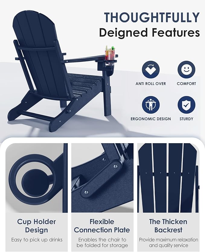 Folding Adirondack Chairs, All-Weather Resistant HDPE Patio Firepit Chairs, Sturdy Outside Chairs with Cup Holder, Lawn Chairs, 80% Pre-Installed Load Capacity 385lb, Navy Blue