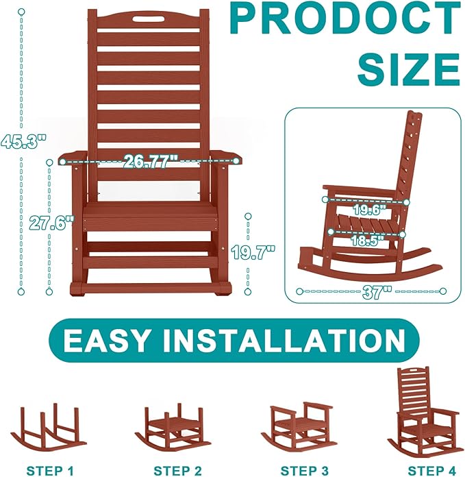Outdoor Rocking Chair Set of 4 with Removable Footboard for Adults, HDPE High Back Patio Rocking Chairs, 330lbs All Weather Porch Rocking Chairs for Outdoor & Indoor -Reddish Brown