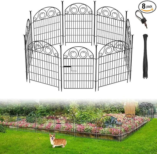Tall Garden Fence Animal Barrier with Gate, 40 in(H) 8 Panels Garden Fences and Borders for Dogs, Dog Fence Outdoor for Yard, Total Length 17.5 Ft Metal Temporary Fencing│Patented
