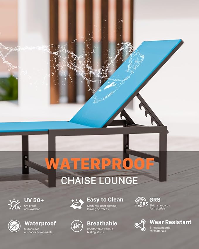 Chaise Lounge Chair Outdoor,Aluminum Patio Lounge Chairs Set of 2, Adjustable 5-Position Recliner and Full Flat Tanning Chair with Pillow for Pool, Outside,Beach,Blue