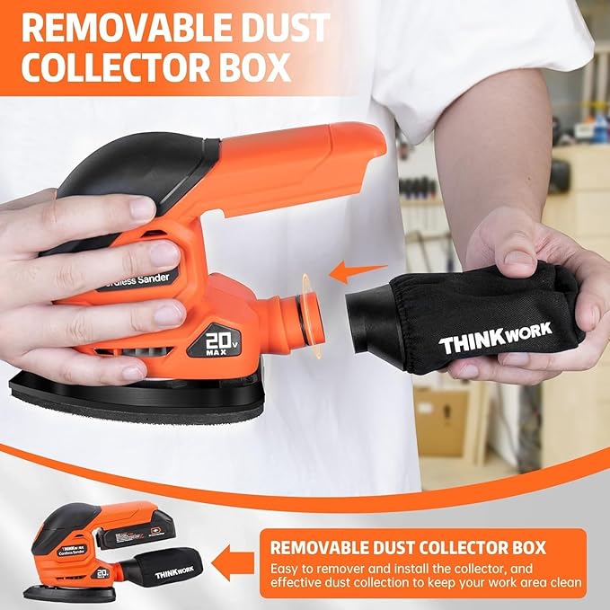THINKWORK Cordless Detail Sander - 20V/2.0 Ah Battery Sander, 12000 RPM Electric Palm Sander with Dust Collection System for Sanding Tight Spaces on Wood Surfaces, Included 21 Sandpapers