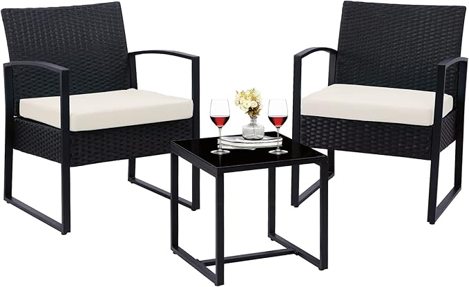 3 Pieces Outdoor Patio Furniture Set Wicker Rattan Chair Set Patio Bistro Conversation Set 3 Pcs with Coffee Table for Yard & Bistro (Beige)