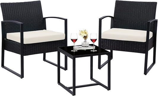 3 Pieces Outdoor Patio Furniture Set Wicker Rattan Chair Set Patio Bistro Conversation Set 3 Pcs with Coffee Table for Yard & Bistro (Beige)
