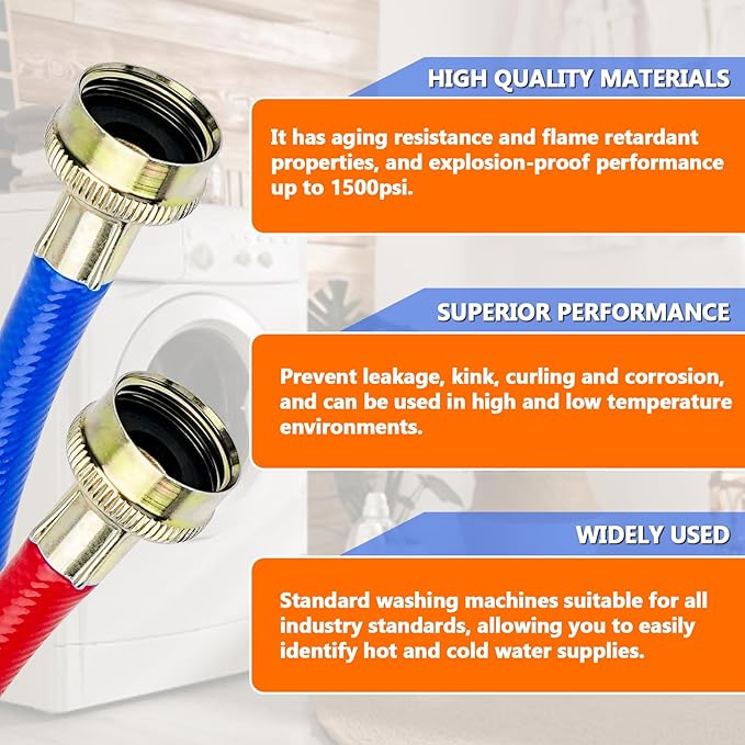 Cenipar 4FT Rubber Washing Machine Hoses Burst Proof 2 Pack For Hot and Cold Water 3/4" NPT Connection Water Supply Lines Fit for ALL Washing Machine