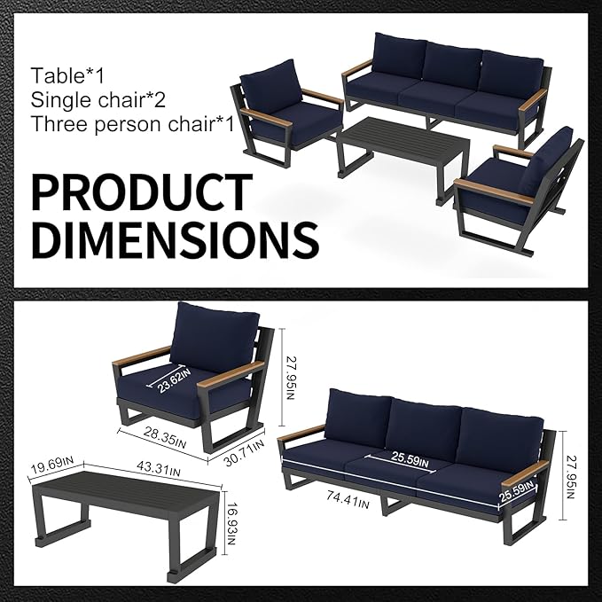 Aluminum Outdoor Furniture with Coffee Table,5 Seats Patio Furniture Set Sectional Waterproof Sofa with Conversation Set Table with Upgrade and Washable Cushion Blue