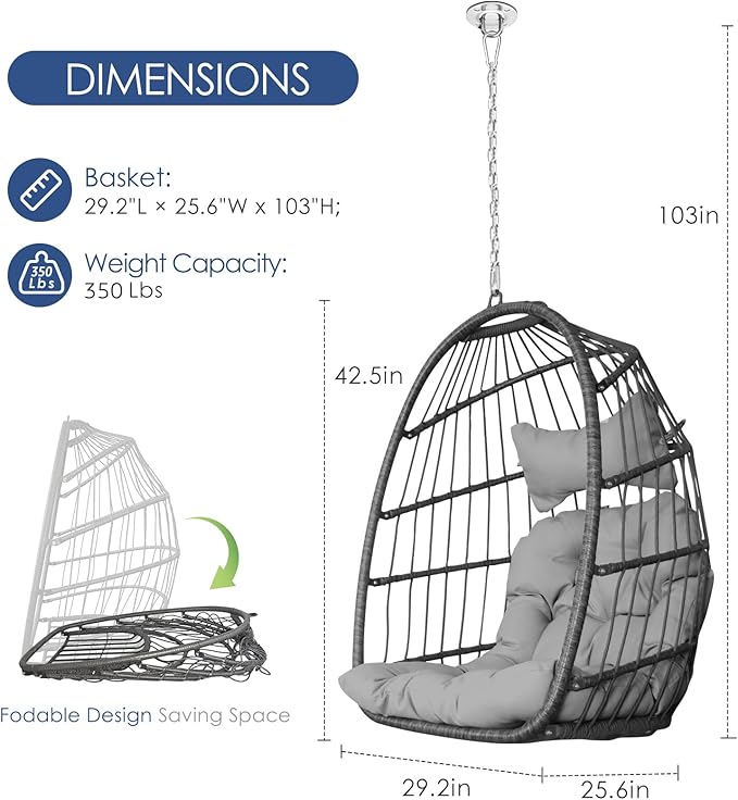 Nicesoul Hanging Egg Chair Outdoor Without Stand, Indoor Swing Egg Basket Ceiling Tree Chairs with Cushion, 350lbs Egg-Shaped Hammock Chair No Stand for Patio, Backyard, Balcony, Bedroom,Porch, Gray