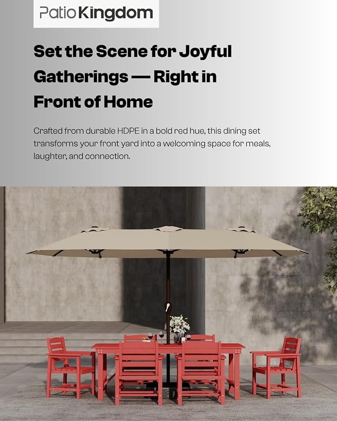 7-Piece Red HDPE Patio Table and Chairs Set, Weather Resistant Outdoor HDPE Dining Table Sets with Umbrella Hole for Lawn, Garden, Deck, Poolside, Balcony