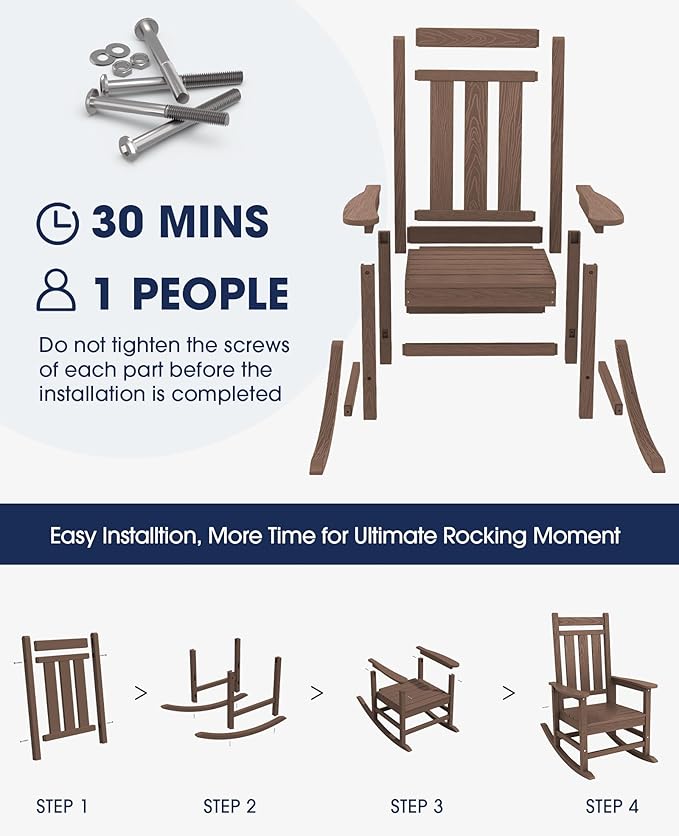 KINGYES Outdoor Rocking Chair Set of 4, All-Weather Patio Rocking Chairs for Porch, HDPE Rocking Outdoor Chairs with High Back for Adult, Heavy Duty Outdoor Patio Rockers for Garden, Lawn, Brown