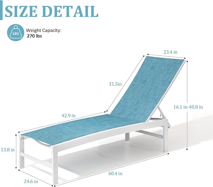 Patio Aluminum Chaise Lounge Chair, Set of 2 Outdoor Recliner Lounge Chair Sun Loungers, All Weather Chaise with 5 Adjustable Backrest and Lay Flat Positions for Garden, Balcony, Pool