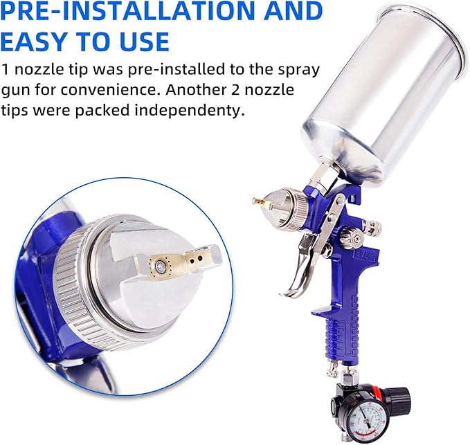BANG4BUCK Professional HVLP Gravity Feed Air Spray Gun, 1.4mm 1.7mm 2.5mm Nozzles, 1000cc Aluminum Cup with Gauge for Auto Paint, Primer, Clear/Top Coat & Touch-Up