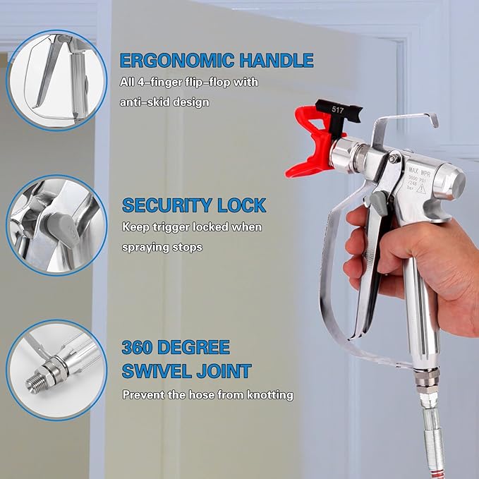 DUSICHIN Airless Paint Spray Gun 3600 PSI Swivel Joint for Graco Titan Airless Paint Sprayers Reversible 517 Nozzle Tip and Tip Guard 10 inches Extension Pole DUSG90