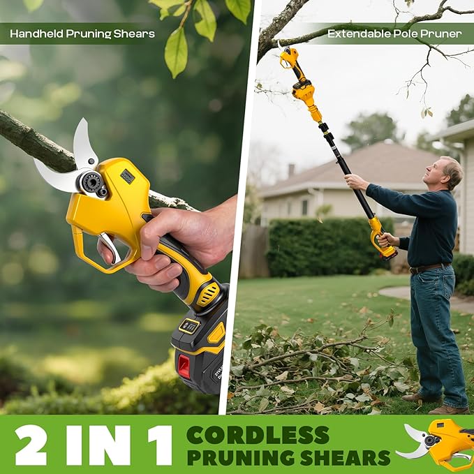 2-in-1 Cordless Electric Pruning Shears, 2.5" Cutting Diameter Electric Pruner, 15Ft Max Reach with 2x 21V 4000mAh Batteries, LCD Display, SK5 Blades for Tree Trimming, Branch Cutter (YELLOW)