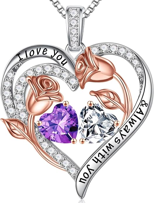 Iefil Christmas Gifts for Women Wife - 925 Sterling Silver Rose Heart Birthstone Necklace Birthday Anniversary Jewelry Gifts for Her Wife Mom Daughter