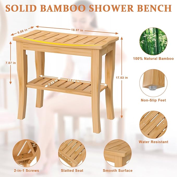 Domax Bamboo Shower Benches for Inside Shower - Bathroom Bench Seat Waterproof Wooden Shower Stool with Storage Shelf for Adults Elderly Seniors Wood Shower Chair for Bathtub or Small Spaces, Natural