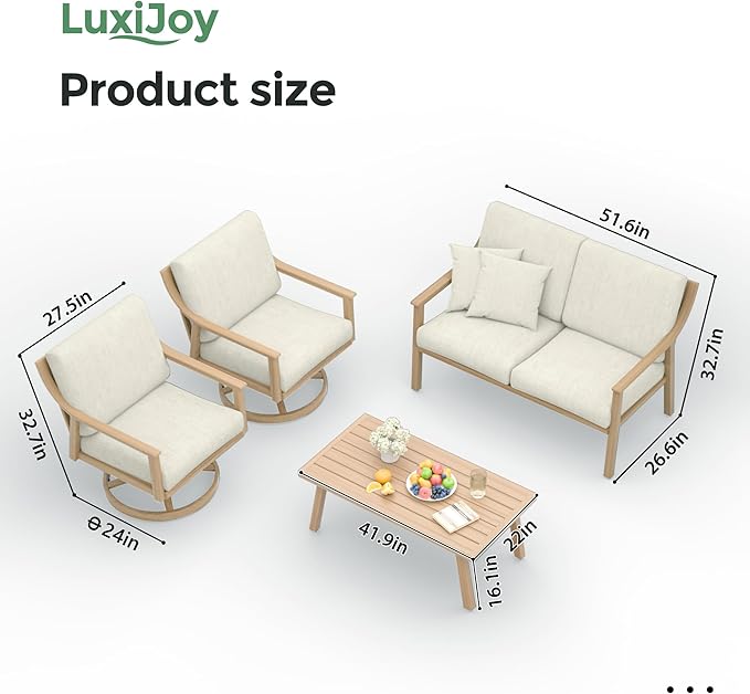 Patio Conversation Sets 4 Pieces - Aluminum Loveseat Outdoor Furniture Sets with Thick Cushion, Coffee Table and Swivel Chairs Set of 2, Rustproof and Waterproof for Porch Deck Yard, Beige