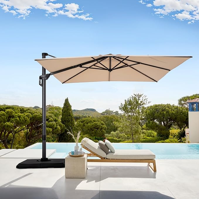 GREEN PARTY 10x13 ft Cantilever Patio Umbrella, Rectangle Offset Outdoor Umbrellas with 360° Rotation, 5-Year-Non-Fading Hanging Pool Umbrella for Garden Deck Poolside - Beige