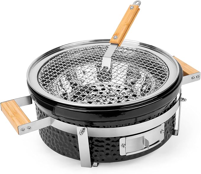 Ceramic Hibachi Charcoal Grill with Grid Lifter, 14" Portable BBQ Yakitori Grill with Stainless Steel Grate for Outdoor Patio Backyard Barbecue Cooking, GS305
