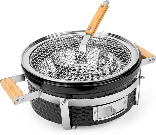 Ceramic Hibachi Charcoal Grill with Grid Lifter, 14" Portable BBQ Yakitori Grill with Stainless Steel Grate for Outdoor Patio Backyard Barbecue Cooking, GS305
