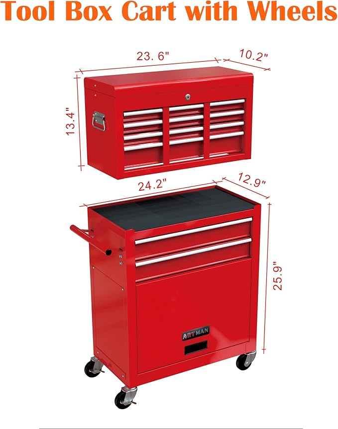 8 Drawers Rolling Tool Box Organizer,High Capacity Tool Chest with Wheels,Lockable Rolling Tool Chest with Bottom Cabinet, Tool Box Rolling Workshop Storage Cabinet (8 Drawers(Red))