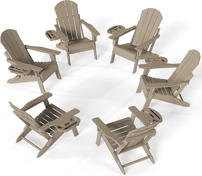 FOOWIN Folding Adjustable Adirondack Chair Set of 6,HDPE Adirondack Chair w/4 in 1 Cup Holder Trays,All-Weather Resistant Fire Pit Chair, Outdoor Chair for Patio Lawn Poolside,400lbs,Brown