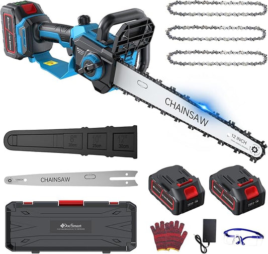 Chainsaw Cordless 12 Inch, Electric Chain Saw with 2*4000mAh Rechargeable Batteries, Powerful Handheld Saw for Tree Trimming Wood Cutting, Perfect Gardening Tools for Thick Branches and Logs