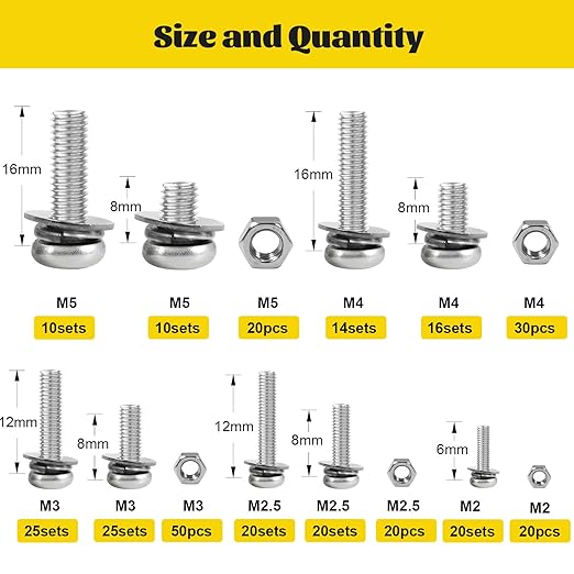 640PCS Machine Screws Assortment Kit, M2 M2.5 M3 M4 M5 Nuts and Bolts Assorted Set, 304 Stainless Steel Metric Combination Screw with Fixed Washers (All-in-One Design)