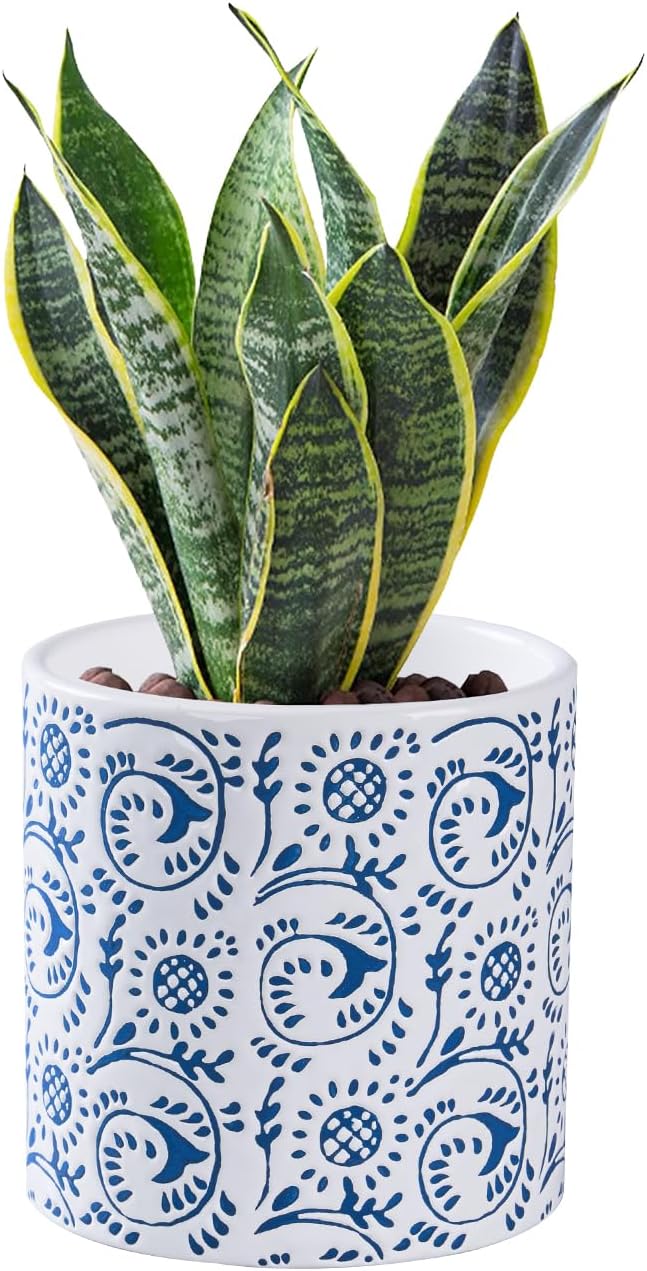 Ceramic Plant Pot for Indoor Plants, 4.7 Inch Boho Flower Pot with Drainage Holes, Modern Planter for Home & Office Decor(Blue)