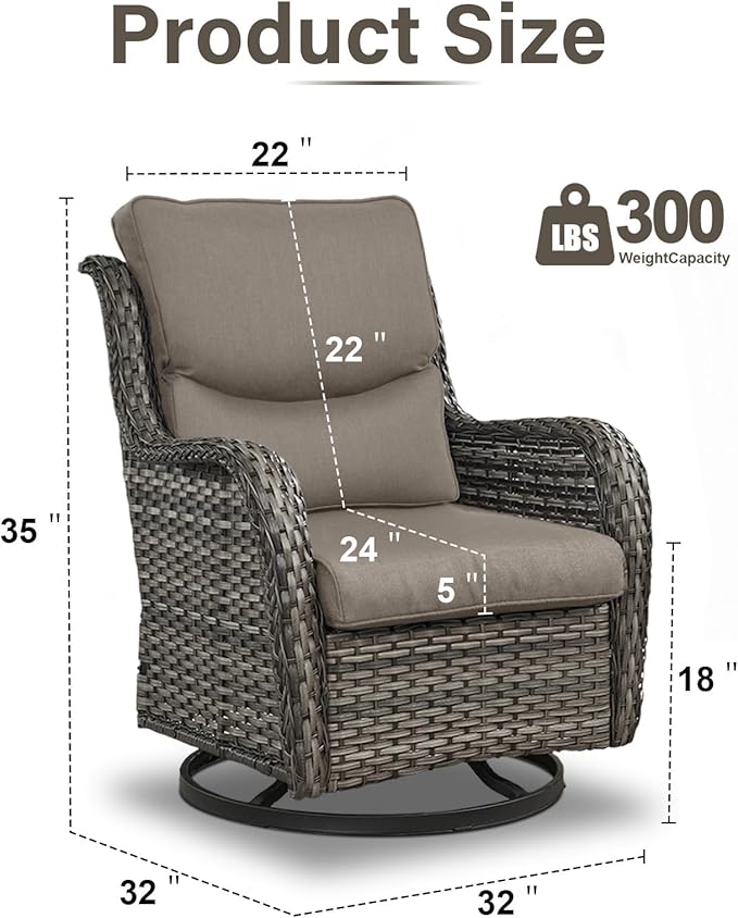Swivel Patio Chairs Set of 2 with 5" Thick Cushion - Wicker Outdoor Swivel Rocker Patio Chairs, High Back Comfortable Outdoor Glider Chairs for Balcony, Porch, Deck, Poolside - Gray/Gray