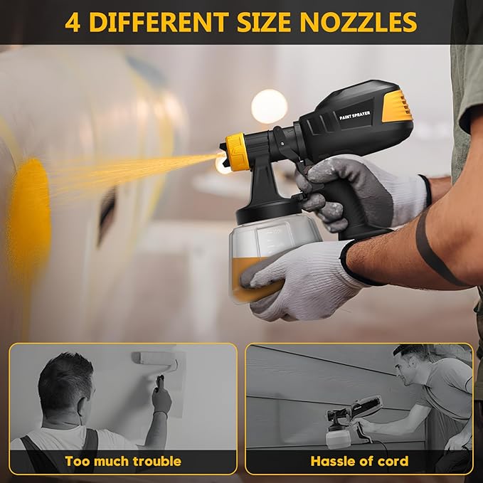 Brushless Cordless Paint Sprayer for Dewalt 20V Battery,4 Nozzles,150 Din/s Viscosity,1000ml/min Flow Rate & 1200ML Electric Paint Gun for Furniture, Walls (Battery Not Included)