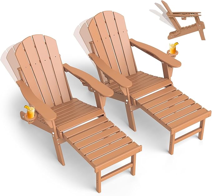 GREENVINES Adjustable Adirondack Chair with Retractable Ottoman Set of 2 | Folding | 2 Cup Holders | HDPE Plastic | Fire Pit Chairs w/Foot Rest | Teak | for Outdoor Poolside Patio Deck