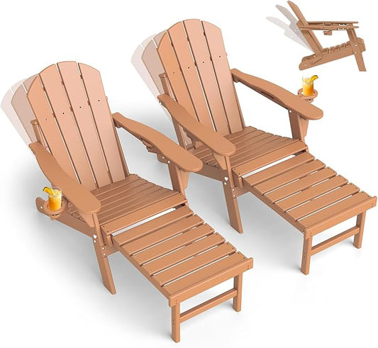 GREENVINES Adjustable Adirondack Chair with Retractable Ottoman Set of 2 | Folding | 2 Cup Holders | HDPE Plastic | Fire Pit Chairs w/Foot Rest | Teak | for Outdoor Poolside Patio Deck
