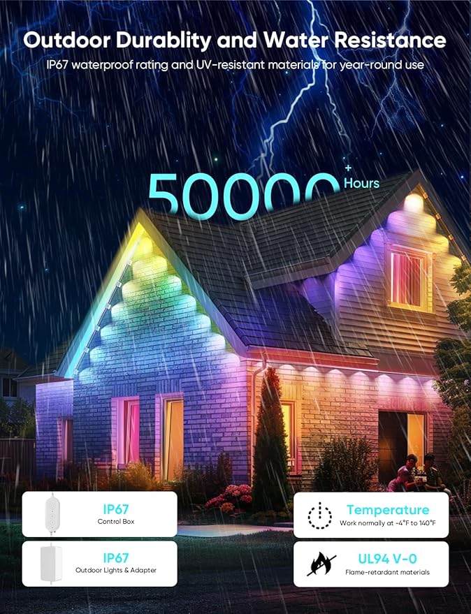 APPECK Permanent Outdoor Lights Pro 200ft, 144W RGBCW Eaves Lights with 144 LED Lights, 80lm, Cuttable, 111 Scene Modes, IP67 Waterproof Lighting for Halloween Decoration, Work with Alexa, White