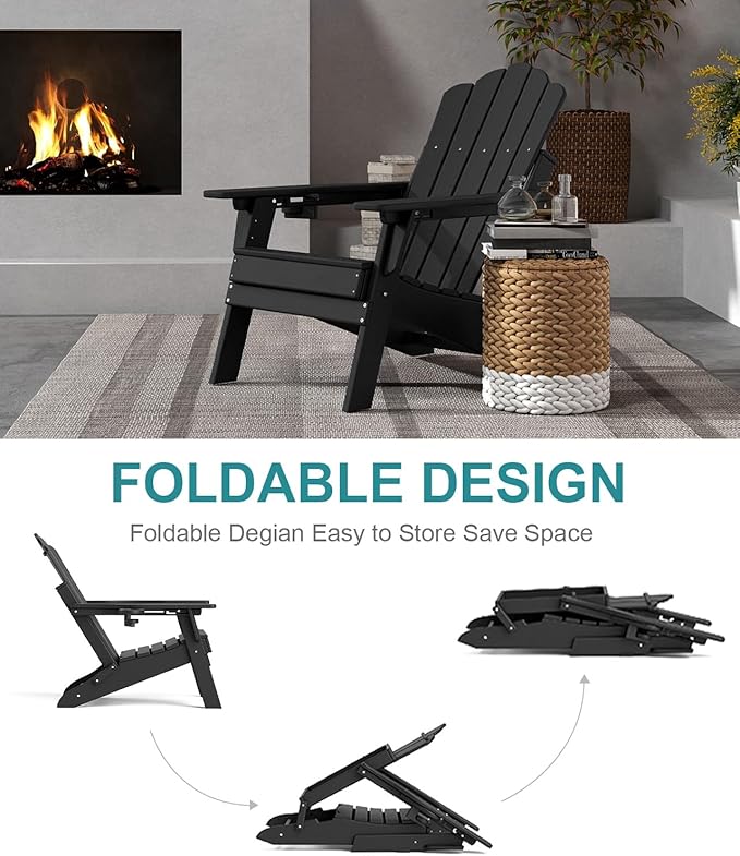 FOOWIN Adjustable Adirondack Chair Set of 2, Folding Adirondack Chair with Cup Holder, HDPE All-Weather Fire Pit Chair with 3 Recline Positions, Suitable for Patio, Garden, Backyard, Poolside, Black
